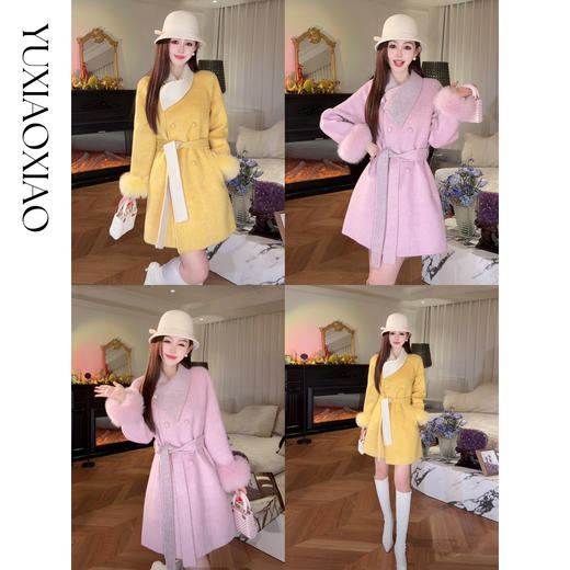 余潇潇【治愈黄玫瑰】桑蚕丝兔毛绵羊毛混纺可拆卸狐狸毛毛呢大衣 商品图0