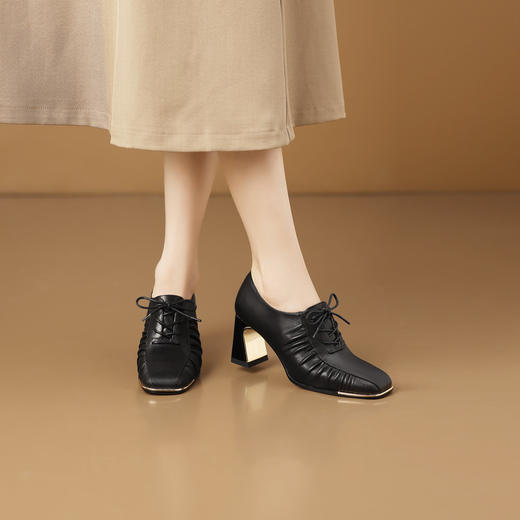 【预售5天】复古英伦系带真皮粗跟深口单鞋女春秋新款方头高跟鞋女HY&H3726 商品图1