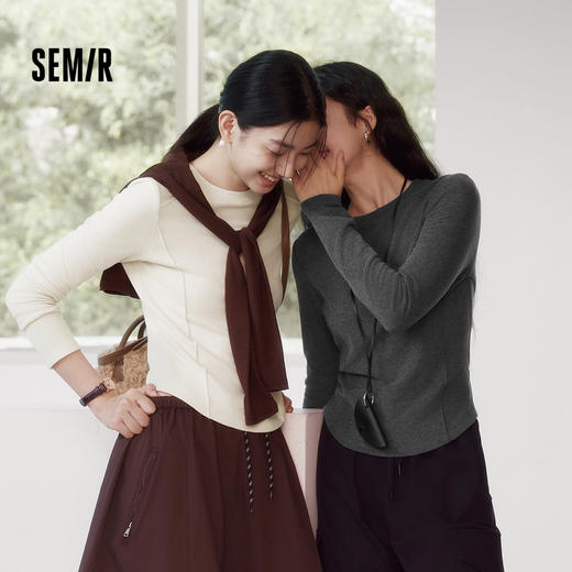 森马长袖T恤女冬鱼骨分割上衣正肩修身纯色2025新款显瘦软糯衣服 商品图0