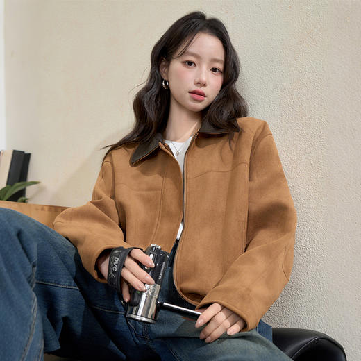 西遇美式复古麂皮外套女秋季新款美拉德撞色翻领休闲夹克外套H0055234 商品图4