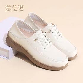 信诺真皮舒适妈妈鞋2025春秋软底轻便单鞋平底一脚蹬中老年皮鞋子5Q2023-16T