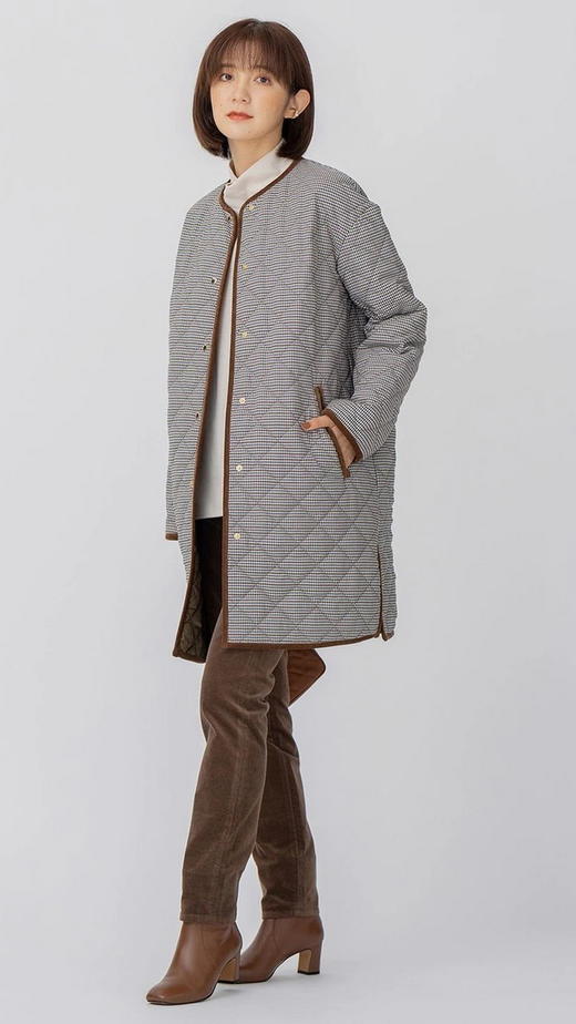 23区日系秋冬季通勤宽松款圆领中长款棉衣千鸟格厚棉袄商场同款 商品图2