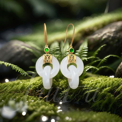 18K古法黄金和田玉（白玉）耳饰--环环相扣/乾坤圈14mm/总长39mm 商品图0