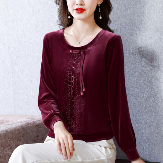 KQL 356H9239新中式国风金丝绒烫钻打底衫气质小衫 商品图1