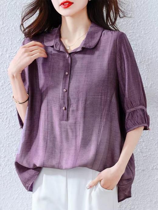 紫色苎麻衬衫女短袖衬衣春夏新款妈妈亚麻小衫宽松遮肚子棉麻上衣 商品图2