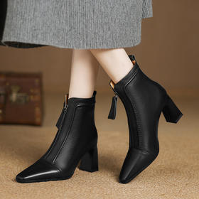 【预售5天】气质高跟前拉链棕色短靴，复古真皮方头粗跟百搭马丁靴DS&1902