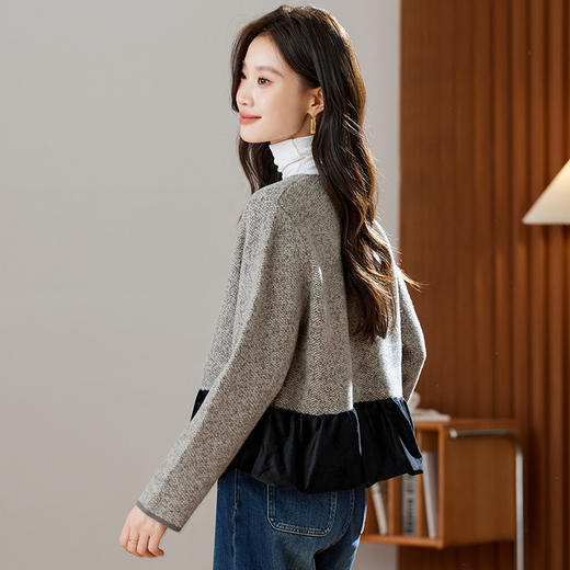 QD22-27532025年秋季新款小香风拼接针织开衫女撞色圆领显瘦毛呢高腰外套女 商品图3