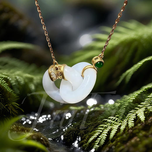 18K古法黄金和田玉（白玉）项链--环环相扣/乾坤圈14mm/链长40+2c 商品图0