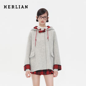 HERLIAN 2025秋冬新品双面呢拼色格纹设计中长款大衣