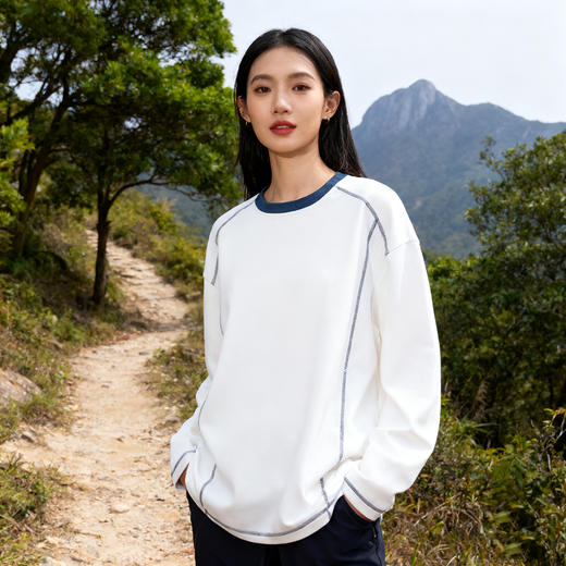 Schenvega 撞色拼接落肩长袖T恤卫衣/插色领长袖T恤卫衣 柔软舒适 修饰身形 4色可选 商品图2