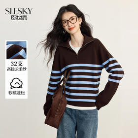【09/26新品】熙世界高捻云柔纱拉链polo领条纹针织衫女秋季长袖美拉蓝撞色毛衣