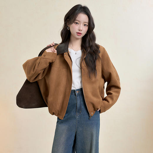 西遇美式复古麂皮外套女秋季新款美拉德撞色翻领休闲夹克外套H0055234 商品图2