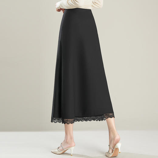 「初秋福利优雅半身裙」洛诗琳新款气质蕾丝边松紧腰半身裙2025年秋季新款前后两穿中长款A字裙65853 商品图4