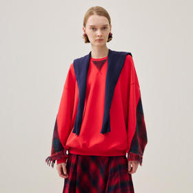 谜底中长款卫衣长袖2025冬季新品圆领落肩袖拼接格纹女254MV1680