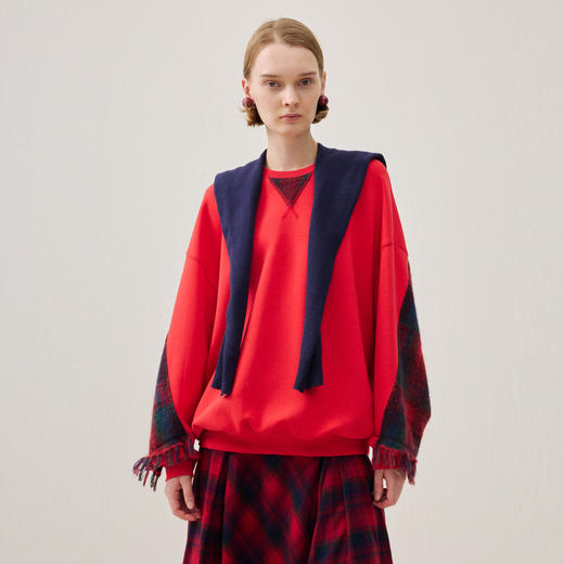 谜底中长款卫衣长袖2025冬季新品圆领落肩袖拼接格纹女254MV1680 商品图0