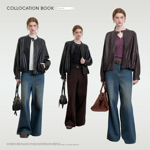 西遇复古PU皮衣外套女秋季新款宽松显瘦落肩袖开衫夹克机车服H0055171 商品图1