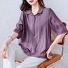 紫色苎麻衬衫女短袖衬衣春夏新款妈妈亚麻小衫宽松遮肚子棉麻上衣 商品缩略图3