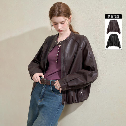 西遇复古PU皮衣外套女秋季新款宽松显瘦落肩袖开衫夹克机车服H0055171 商品图0
