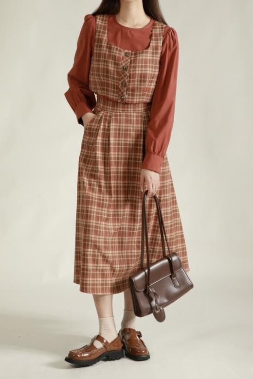 Stay2Weeks 复古砖红格纹两件套 18755 商品图1