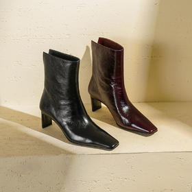 Westory2025年冬季小方头中跟抓邹牛油皮一脚蹬极简宽筒气质短靴W25DS85501