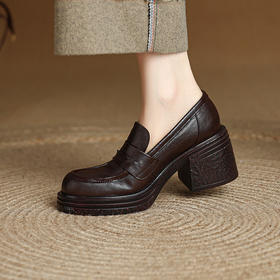 【预售5天】羊皮版~厚底高跟圆头乐福鞋女英伦一脚蹬通勤单鞋百搭粗跟小皮鞋XH&M9373