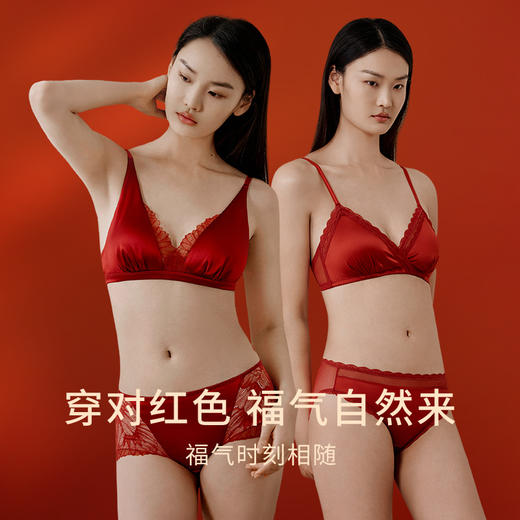 一起红】金三塔桑蚕丝文胸内裤套装女本命年新年婚庆红色舒适内衣（私密物品不支持退换货）NSFAC313+NZFAC213+NZFFA302+NZSSD203 商品图1