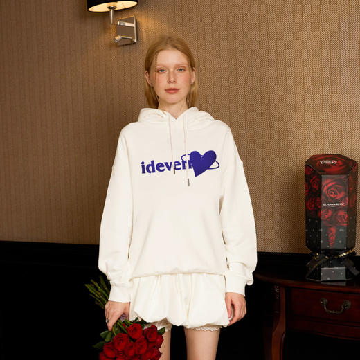 IDEVERRAY国潮植绒刺绣字母卫衣男连帽复古宽松黑白简约情侣上衣 商品图1