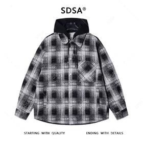 SDSA秋冬新款痞帅男装韩版撞色格纹拼接抽绳连帽衬衫百搭时尚外套