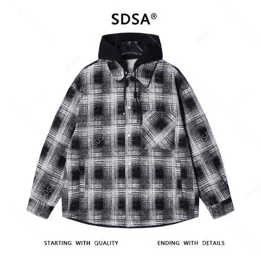 SDSA秋冬新款痞帅男装韩版撞色格纹拼接抽绳连帽衬衫百搭时尚外套 商品图0
