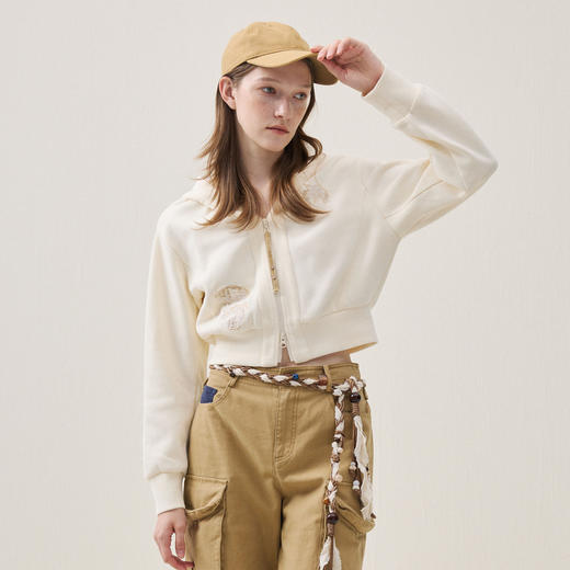 谜底连帽卫衣开衫长袖2025冬季新品飞鸟刺绣柔软厚实女254MV1636 商品图1