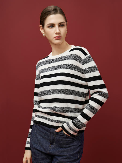 【条纹羊绒套衫】羊绒世家秋冬新品女士100%山羊绒圆领套衫舒适保暖毛衣 商品图1