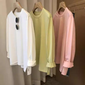 【清仓款，不退换】2025早春小众个性贝壳扣圆领套头长袖T恤女显瘦冰丝感