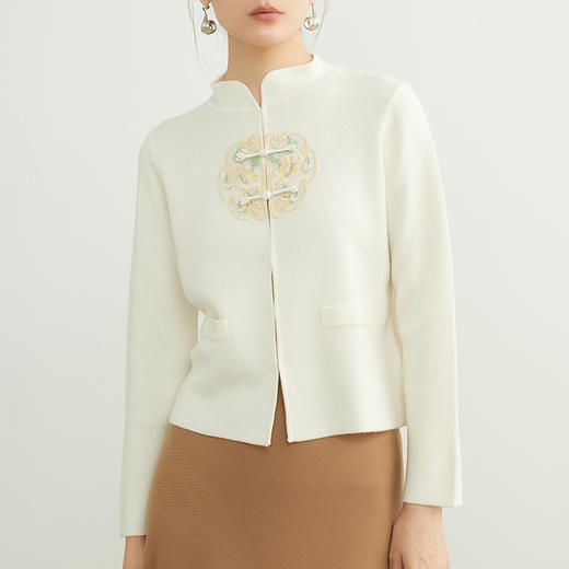 洛诗琳新中式盘扣立领羊毛开衫2025秋冬国风刺绣针织外套女21659 商品图0