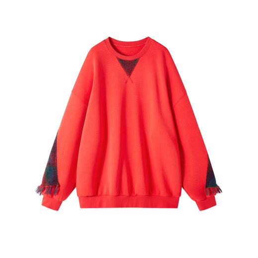 谜底中长款卫衣长袖2025冬季新品圆领落肩袖拼接格纹女254MV1680 商品图4