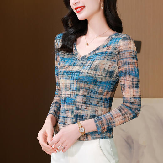 时尚纱网印花长袖，V领修身显瘦洋气上衣KQL-SKW68 商品图2