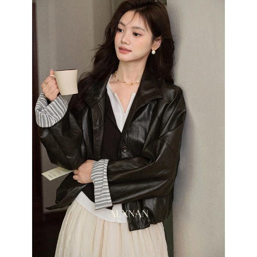 鹿向南「月光罗曼」气质黑色皮衣减龄休闲气质复古外套上衣女初秋 商品图1