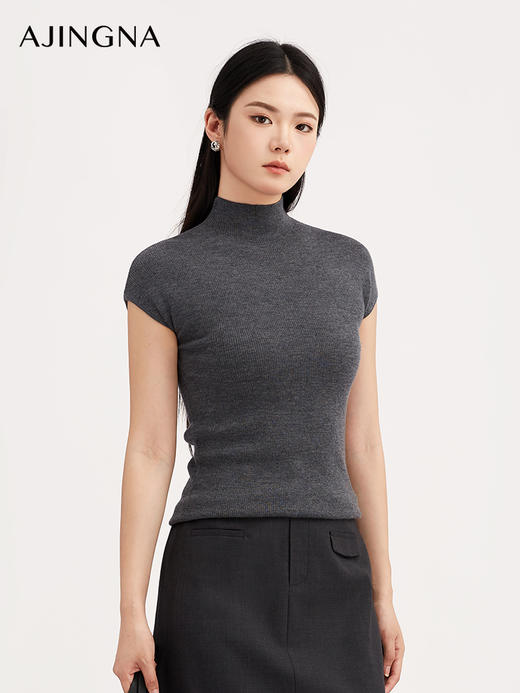 【商场同款】阿菁娜秋季新款60支超细美丽诺羊毛衫 半高领无袖内搭 2*2织法修身显瘦 软糯亲肤A30D301018 商品图4