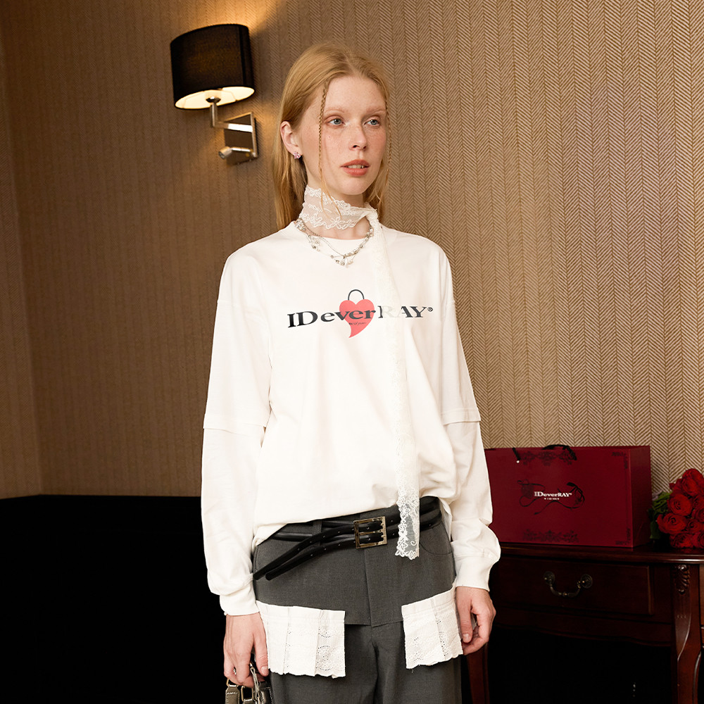 IDEVERRAY心型锁 秋季假两件长袖T恤男女小众设计高级感情侣上衣