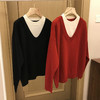 【清仓款 无退换】最爱！柔软舒适~2025落肩宽松小廓型假两件V套头羊毛衣针织衫女冬短袖 商品缩略图1
