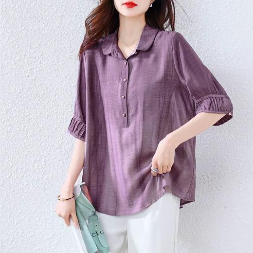 紫色苎麻衬衫女短袖衬衣春夏新款妈妈亚麻小衫宽松遮肚子棉麻上衣 商品图0