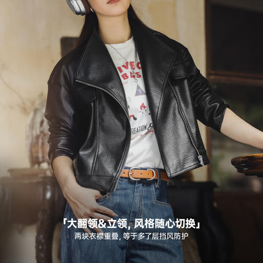 马登美式荔枝纹黑色短款斜拉链立翻领机车服PU皮衣夹克外套女士秋 商品图3