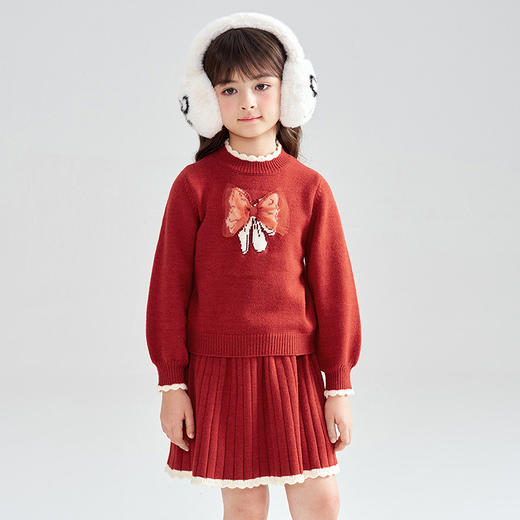 笛莎Deesha 2025冬季女童甜美蝴蝶结提花针织裙套装 商品图1