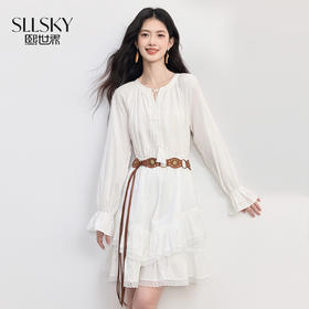 【09/26新品】熙世界法式度假风白色连衣裙女25年秋季气质收腰波西米亚蛋糕裙子