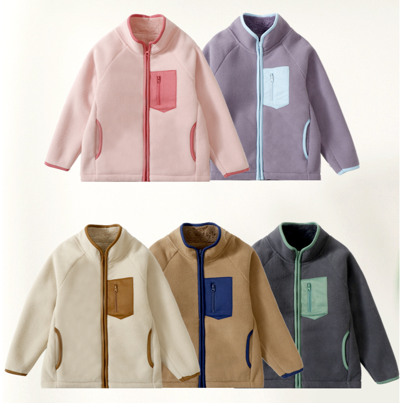 110-180秋冬拉链立领摇粒舒绒撞色口袋外套