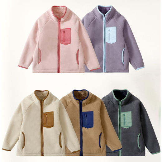 110-180秋冬拉链立领摇粒舒绒撞色口袋外套 商品图0