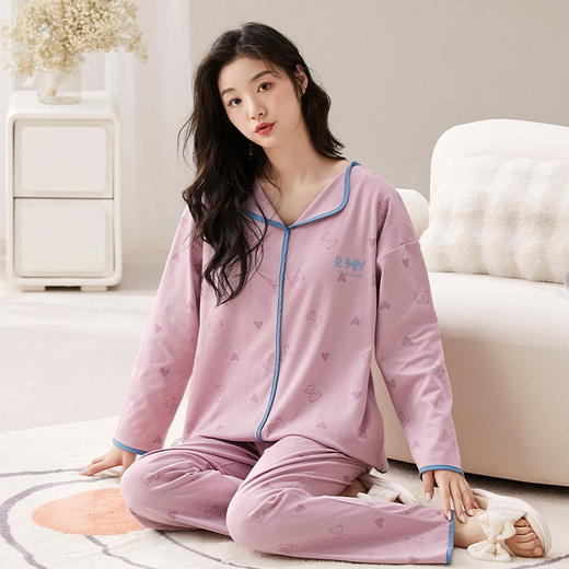 春秋季女士开衫睡衣带胸垫小翻领长袖长裤家居服套装卡通免穿文胸学生家居服 商品图10