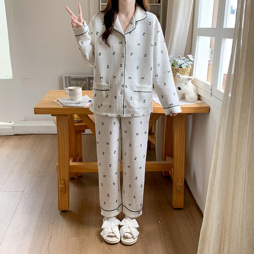 秋冬季【空气棉夹层睡衣】新款加厚甜美蝴蝶结长袖套装 家居服可外穿睡衣 商品图3