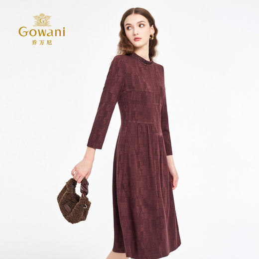 乔万尼2025秋新品美学设计复古小立领A型收腰连衣裙ED3E296 商品图2