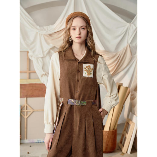 两三事梵高文艺 焦糖漫想 2025冬季新款向日葵贴布绣系带连体裤女 商品图1