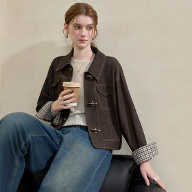 西遇复古翻领仿牛仔外套女秋季韩系百搭宽松显瘦休闲外套上衣V3251247